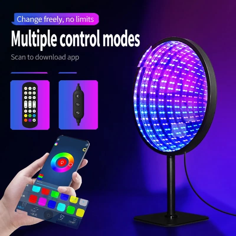 Apaļa akrila bezgalības spogulis 3D bezdibeņa gaisma USB RGB atmosfēras lampa